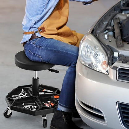 S AFSTAR Garage Shop Roller Seats, Adjustable Pneumatic Rolling Creeper Stool W/Tool Storage Tray & 4 Universal Wheels, Padded Mechanic Stool Repair Shop Stool Garage Rolling Stool (Black - color: Black