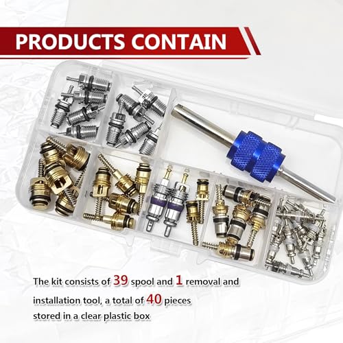 40PCS A/C R12 R134a Car Air Conditioner Valve Core Seal Kit, Refrigeration Tire Valve Stem Cores Repair Kit Double Head Dual Dismantling Installer Tool