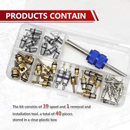 40PCS A/C R12 R134a Car Air Conditioner Valve Core Seal Kit, Refrigeration Tire Valve Stem Cores Repair Kit Double Head Dual Dismantling Installer Tool