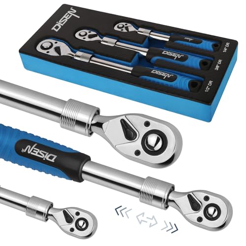 DISEN 3PCS Extendable Ratchet Wrench Set,1/4" 3/8" 1/2" Drive 72-Tooth, Quick-Release, Reversible Drive Socket Wrenches,Soft Grip Handle with Storage Tray - size: 1/4''+3/8''+1/2'' Set, style: 72T Extendable Ratchet