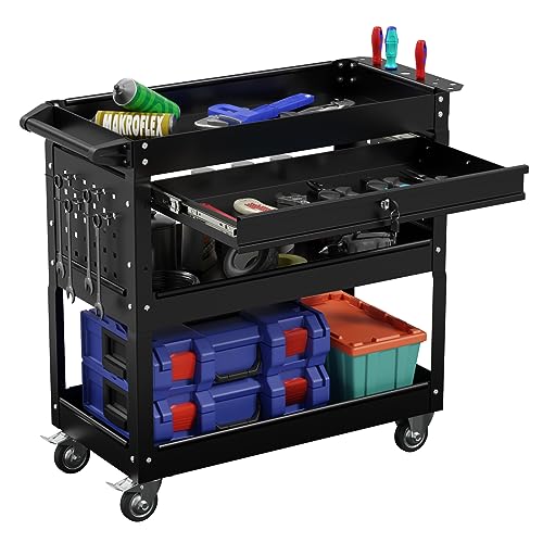 3-Tier Heavy Duty Utility Cart on Wheels, Rolling Tool Cart on Wheels with a Drawer, 350 Lbs Load Capacity Service Cart for Warehous, Garage and Repair Shop (Black) - color: Black