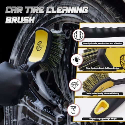 BMLEI Wheel & Tire Brush Set, 2 Pack Car Wheel Brush & Tire Cleaner Brushes | Soft Bristle Rim Brush, Stiff Tire Scrub Brush, Scratch-Free Wheel Cleaning Kit for Car Detailing, Trucks, SUVs - color: Yellow&black