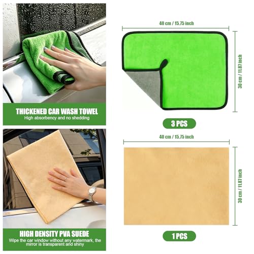 4PCS Microfiber Cleaning Cloth Kit - Car Washing Cloth, Soft Microfiber Towels for Cars, House, Kitchen, Window, Cleaning Supplies, Ultra Absorbent, Lint Free, Streak Free, Non-Abrasive - color: Green