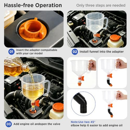2.38QT/2.25L Engine Oil Funnel Kit Spill-Proof Oil Change Kit with Flow Control Valve,2 Magnetic Organizer,2 45° Elbows,12 Adapters Compatible with Most Cars
