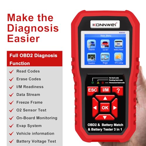 KONNWEI KW880 OBD2 Scanner Full System Car Diagnostic Tool, Check Engine Light Reset, Live Data, DTC Lookup, Battery Health Check, OBDII EOBD Scanner for 2000+ Cars & Trucks, Auto Diagnostics Tool