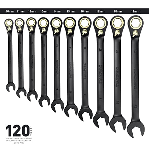 STARWORK TRUE MECHANIC™ 20 Pc. 120-Tooth Reversible Ratcheting Wrench Set, Combination Ratchet Wrench Set, Non-Slip, Long Pattern, 6-Point 15° Offset, Professional, SAE/Metric(5/16-3/4" & 8-19 mm)