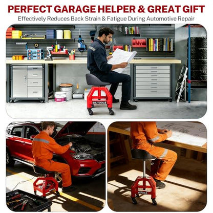 BILITOOLS Rolling Shop Stool with Wheels, Adjustable Mechanic Seat | Garage Chair with 21.5"-29.5" Height, 330 lb Capacity, 360° Swivel Padded Seat, Backrest, Casters and Tool Shelf