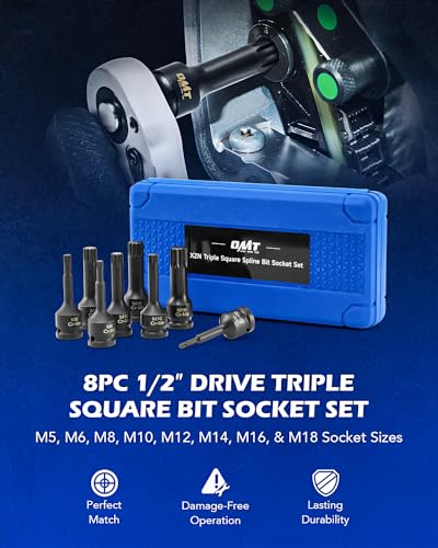 Orion Motor Tech XZN Triple Square Spline Bit Sockets, 8pc 1/2" Drive Impact Triple Square Bit Socket Set with Metric M5 M6 M8 M10 M12 M14 M16 M18 Socket Adapters, Cr-Mo Steel, Storage Case - style: XZN Triple Square Spline Bit Socket Set