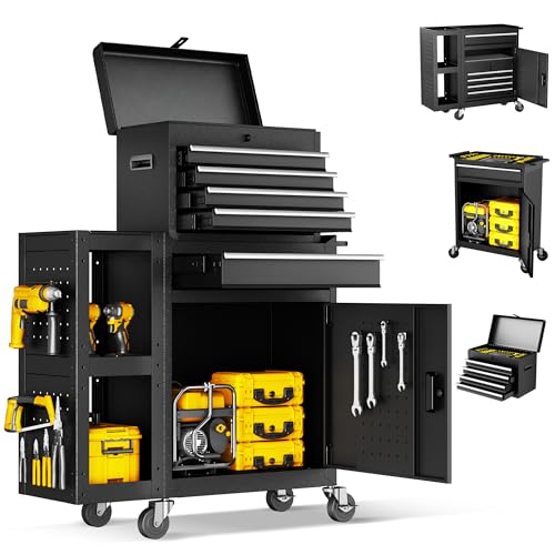 5 Drawer Rolling Tool Chest with Wheels, 3-in-1 Detachable Large Tool Cabinets with Removable 2-Tire Utility Cart, 30% Extra Storage Tool Cabinet for Garage Workshop, 29”x11”x 41” -2026 New Upgrade - color: Matte Black, size: 5-Drawers