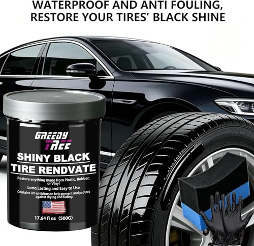 Shiny Black Tire Renovator, The Perfect Deep Black Shine - Long Lasting Car Tire Dressing - No Sling & Dry to Touch, Kit with Applicator and waxing Gloves