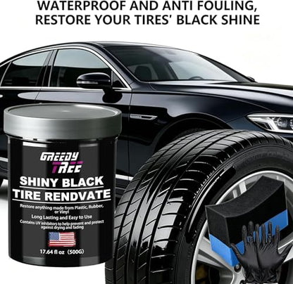Shiny Black Tire Renovator, The Perfect Deep Black Shine - Long Lasting Car Tire Dressing - No Sling & Dry to Touch, Kit with Applicator and waxing Gloves