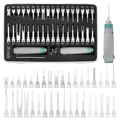 JRready 36PCS Pin Removal Tool 2 Nylon Handles for Electrical Connectors | Pin Extractor for Deutsch AMP Molex Delphi Harting BYD JPT, Handle Storage Function, Tip Protective Cover-JRconDRK11C38-01