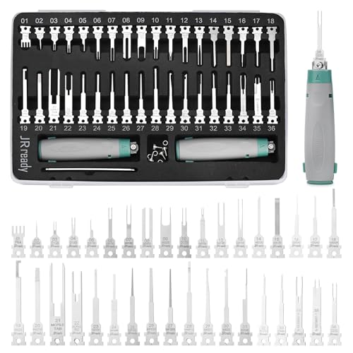 JRready 36PCS Pin Removal Tool 2 Nylon Handles for Electrical Connectors | Pin Extractor for Deutsch AMP Molex Delphi Harting BYD JPT, Handle Storage Function, Tip Protective Cover-JRconDRK11C38-01