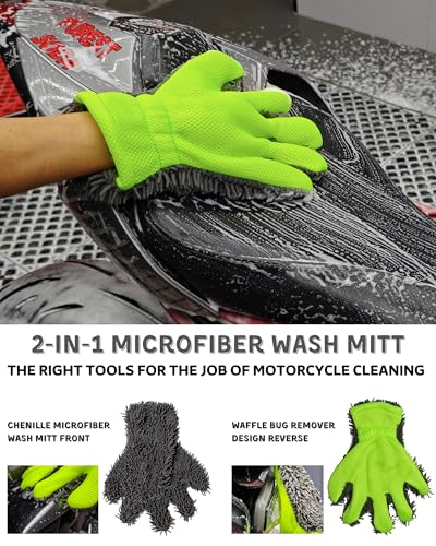 oesee 8 Pack Motorcycle Cleaning Kit - Professional Safe for Chrome/Engine/Tires, Hard Reach Brush, Microfiber Mitt, Detailing Tools, Drying Towel & Wax Applicators