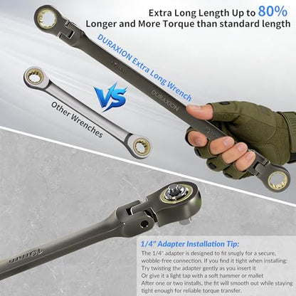Extra Long Flex Head Ratcheting Wrench Set 6PCS Metric (8-19mm), Double Box End Wrench Set 180° Flexible Head CR-V Steel for Tight Engine Bays, with 4PCS Socket Wrench Adapters & Pouch