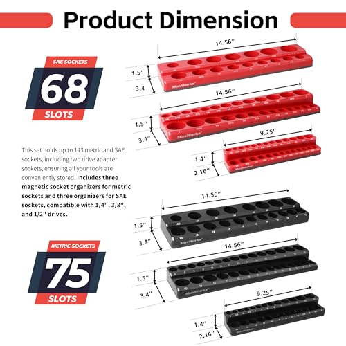 MaxWorks 6-Piece Magnetic Socket Organizer Set SAE & Metric 1/4" 3/8" 1/2" Drive Holders with Strong Magnetic Base for Toolbox & Garage Storage 51080