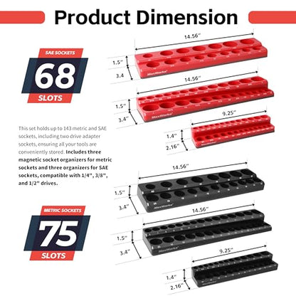MaxWorks 6-Piece Magnetic Socket Organizer Set SAE & Metric 1/4" 3/8" 1/2" Drive Holders with Strong Magnetic Base for Toolbox & Garage Storage 51080