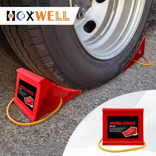 HOXWELL 2 Pair Wheel Chocks for Travel Trailers, Non Slip Heavy Duty Red Wheel Chock with Rope, Lightweight Wheel Stoppers for Cars Campers Trucks RVs, Easy to Carry & Suitable for Most Tyre Sizes - size: Red-2 Pairs