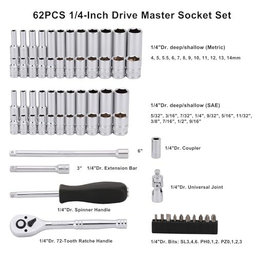 CASOMAN 1/4-Inch Drive Master Socket Set with Ratchets, Adapters, Extensions with 1/4’‘ Dr. Bits Set, Inch/Metric, 6-Point, 5/32-Inch - 9/16-Inch, 4 mm - 14 mm, 62-Piece 1/4" Dr. Socket Set