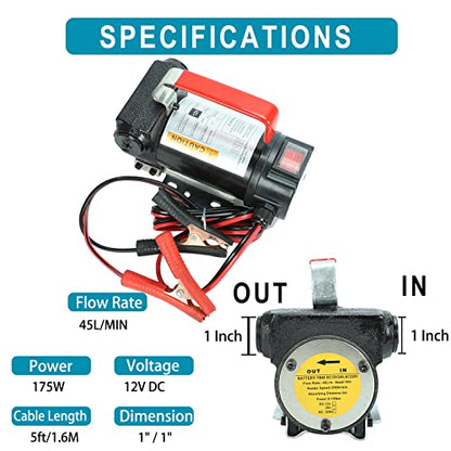 DC 12V 175W Portable DC Electric Fuel Transfer Pump Diesel Kerosene Oil Commercial Fuel Transfer Extractor Pump Motor Auto - style: 12V 175W