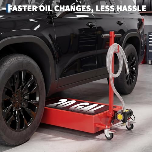 20 Gal Oil Drain Pan with 8.2ft Hose High-Flow Electric Pump | with Electric Pump, Wheels & Folding Handle, Oil Drain Tank for Cars, SUVs, Trucks, Buses, RVs - color: National Flag-Red, size: 20 Gal with Electric Pump