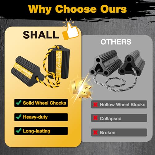 SHALL Wheel Chocks, Heavy Duty Rubber Wheel Chocks with 3 Reflective Strips, Solid Block Stopper for RV Trailer Camper Truck Car Aircraft, 2 Pair/4 Pack with Rope, Yellow