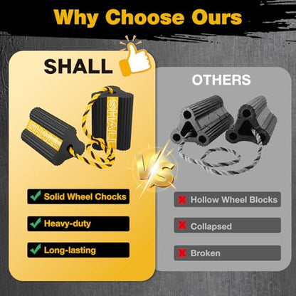 SHALL Wheel Chocks, Heavy Duty Rubber Wheel Chocks with 3 Reflective Strips, Solid Block Stopper for RV Trailer Camper Truck Car Aircraft, 2 Pair/4 Pack with Rope, Yellow