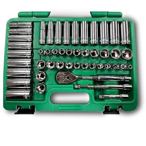 Steel Vision 47‑Piece 3/8″ Drive SAE (1/4 inch to 7/8 inch) & Metric (6mm to 19mm) Socket Set in Heavy‑Duty Case – 72‑Tooth Ratchet, Chrome Vanadium Steel, Extension Bars, 6‑Point, Laser Etched - size: 3/8-Inch