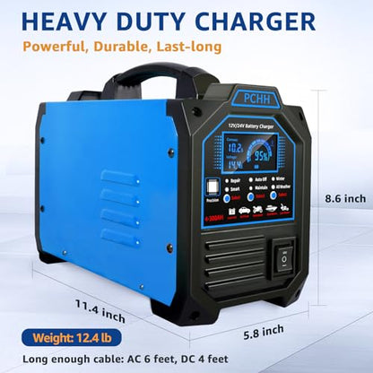 PCHH 12V 24V Car Battery Charger Heavy Duty, 0-15A Automatic Battery Maintainer, Smart Trickle Charger with Auto Shutoffs, Repair, Winter Mode, for Automotive Car Truck Motorcycle Lawn Mower Boat AGM