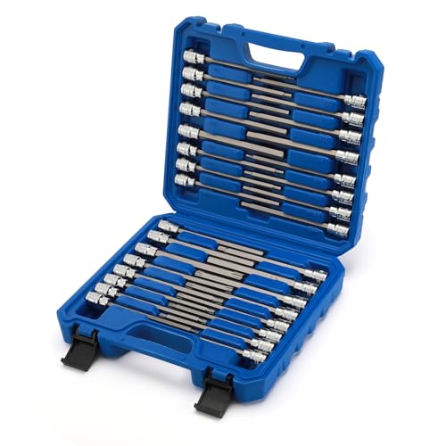 EMENTOL 32PCS 3/8"Dr. Extra Long Hex and Torx Bit Socket Set, CR-V, S2 Steel, 5.9" Length Allen Hex and Star Bit Socket Set, 1/8 Inch - 7/16 Inch, 3mm - 12mm, T10-T60