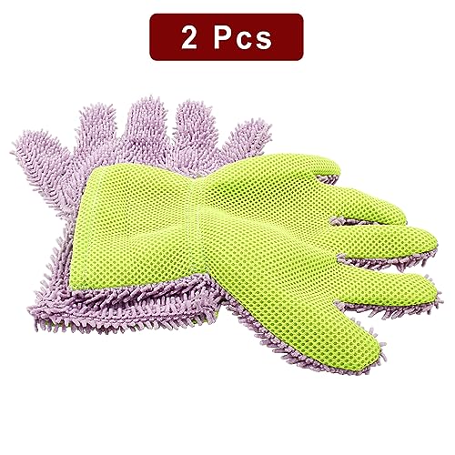 BokWin 2-Pack Car Wash Mitt, Purple | Scratch Free, 5-Finger Microfiber, Chenille Washing Sponge, Interior & Exterior Cleaning, Wheel & Tight Spot Cleaning - color: Purple