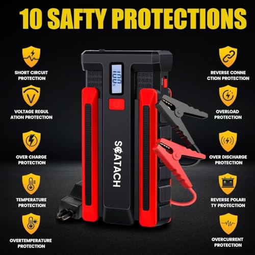 Scatach 4000A Car Battery Jump Starter, 12V Jump Starter Battery Pack (up to 10.0L Gasoline and 8.0L Diesel Engine), Portable Jump Box with Jumper Cable, LED Display, LED Light - color: red
