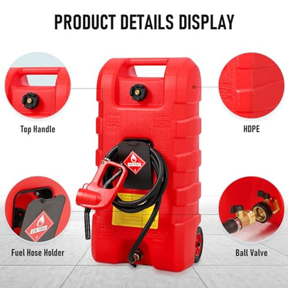15 Gallon Gas Can, Fuel Tank Container with LE Fluid Transfer Manual Siphon Pump & 10FT Hose, Portable Diesel Gas Storage Caddy with Wheels for Car, ATV, Weeder, Boat, etc., Red - color: Red