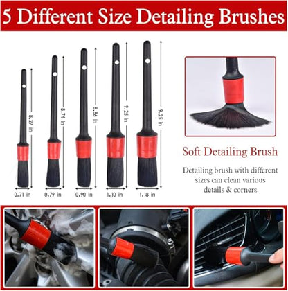 Nurkul 11Pcs Auto Detailing Set, Boar Hair Brushes, Steel Wire & A/C Brushes, Red, Soft Bristles, Wood Handles for Cleaning Interior, Exterior, Leather, 6 Sizes