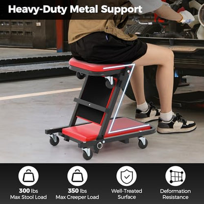 40" Z Garage Creeper, 2-in-1 Folding Creeper with Padded Seat & 6 Wheels, Low Profile Mechanic Creeper Seat Automotive Stool for Workshop, Auto Repair, 350 lbs Capacity