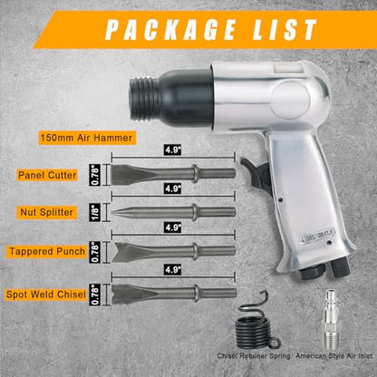 150mm Air Hammer Kit with 4 Chisels & Quick Change Retainer, 4500 BPM Short Barrel Pneumatic Hammer, Air Shovel Tool for Automotive, Metal, and Masonry Work