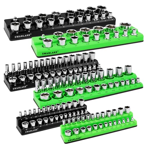Magnetic Socket Organizer Set, 6-piece 1/4", 3/8", 1/2" SAE & Metric Sockets Holder, Drive Socket Trays, Storage Tool Box, Holding 143 Slots, Soft Rubber Covering Black Green Tools - style: 6PCS Green/Black