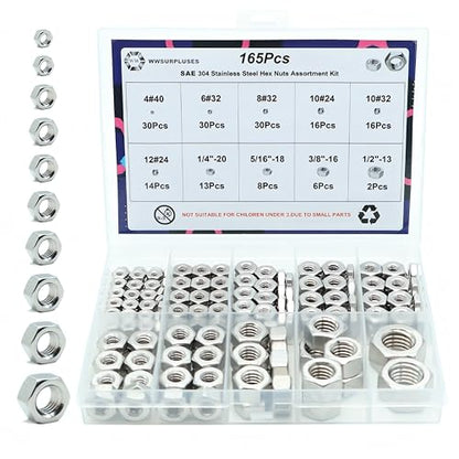 165 Pcs SAE Hex Nuts Kit, 4#40 6#32 8#32 10#24 10#32 1/4 5/16 3/8 1/2 | 304 Stainless Steel, Standard Inch Coarse Thread, Hardware Nuts - size: SAE (165Pcs)
