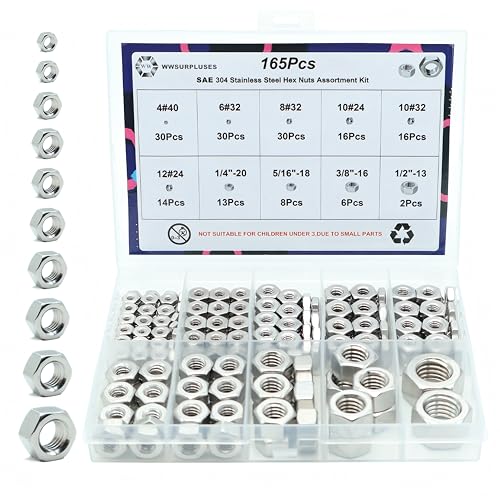 165 Pcs SAE Hex Nuts Kit, 4#40 6#32 8#32 10#24 10#32 1/4 5/16 3/8 1/2 | 304 Stainless Steel, Standard Inch Coarse Thread, Hardware Nuts - size: SAE (165Pcs)