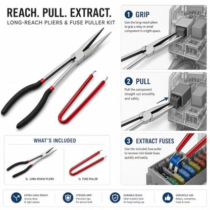 11-Inch Extra Long Needle Nose Pliers with Fuse Puller, Long Reach Heavy Duty Cr-V Steel, Non-Slip TPR Grip, Wire Cutter, for Electrician, Automotive Repair, Jewelry Making, Electronics, 3D Printing