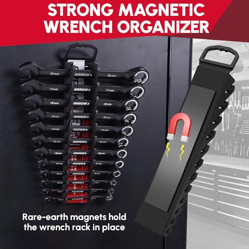 ARROW 12PCS Metric Ratcheting Wrench Set, Anti-Slip 6-18mm Combination Ratchet Wrench Set with Black Magnetic Tool Holder, Premium CRV Material, 72-Teeth, Corrosion-Resistant, Easy to Carry & Store - style: Metric Only