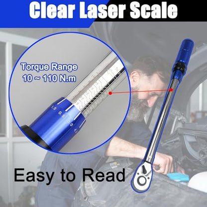 1/2-Inch Drive Click Torque Wrench, 10-110 N.m, 72-Tooth Dual-Direction Adjustable Torque Wrench with ±3% High Precision for Bicycle, Motorcycle and Car Maintenance