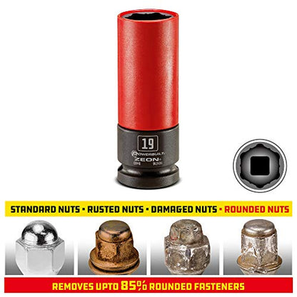 Powerbuilt 19mm Zeon Lug Nut Socket, 1/2" Drive – Impact Rated Chromoly Steel for Damaged & Rounded Lug Nuts, Patented Design Grips up to 85% Rounded, Includes Protective Wheel Saver Sleeve - 941434M - size: 19 mm