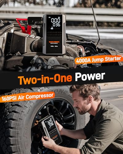 WOLFBOX 4000A Jump Starter with Air Compressor, 88.8Wh Car Battery Jumper Starter Portable(10L Gas/10L Diesel), 12V Booster Jump Box Pack with 160PSI Tire Inflator, 65W Fast Charger, Jumper Cables - size: 4000A + 65W Charger