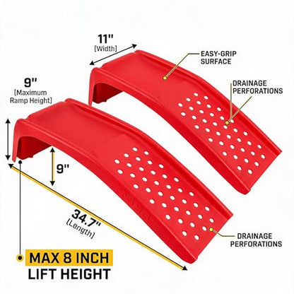 8 Inch Lift Solid Steel Car Ramps 2 Pack, 8000 LBS Total Capacity 2000 LBS Per Ramp, Heavy Duty Anti-Slip Truck Ramps, Auto Service Ramps for Oil Change & Vehicle Repair Maintenance (Red)