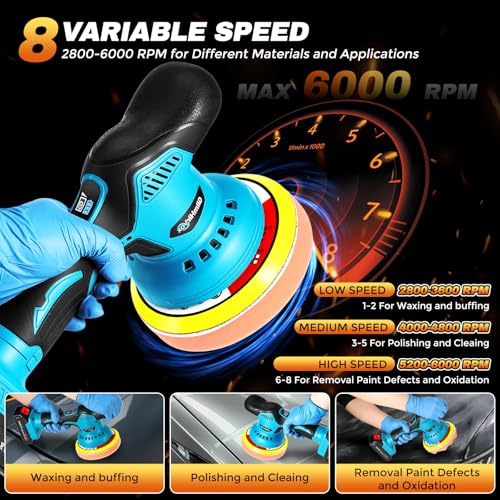 Cordless Car Buffer Polisher Kit with 2x2000mAh 21V Batteries and 28PCS Kit | 8-Speed 6000RPM, 9mm Dual Action Orbit, 150mm Base Plate, Brushless Motor, LED Display, for Waxing/Polishing/Scratch Removal