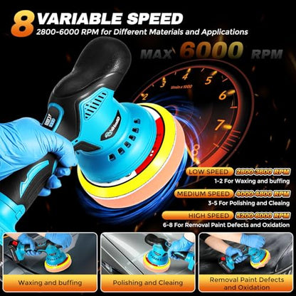 Cordless Car Buffer Polisher Kit with 2x2000mAh 21V Batteries and 28PCS Kit | 8-Speed 6000RPM, 9mm Dual Action Orbit, 150mm Base Plate, Brushless Motor, LED Display, for Waxing/Polishing/Scratch Removal