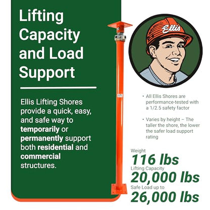 ELLIS Heavy-Duty Adjustable Steel Shore - Basement House Jack for Floor Leveling, Foundation, Beams & Concrete Bracing - 26,000 lb Capacity, 127"-152" Adjustable Support - size: 127" - 152" Adj. Safe Load Capacity (26,000 lb)