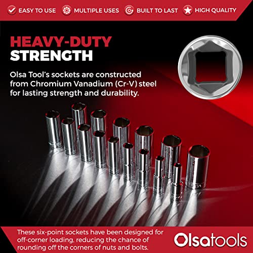 Olsa Tools SAE Deep Socket Set - 1/2-Inch Drive, 18pc - 6-Point Chrome Sockets from 3/8" to 1-1/4" and No Skipped Sizes - Mechanic Deep SAE Socket Set - Professional Grade Long Sockets - Part: 1319 - color: Sae Deep, size: 15pc, 1/2-Inch Drive