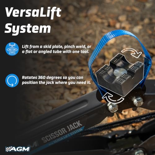 AGM Scissor Jack – 2,000 lb Impact-Rated Lift for UTVs, SUVs & Cars | Scissor jack, 2,000 lb capacity, VersaLift head, drill adapter, speed wrench included
